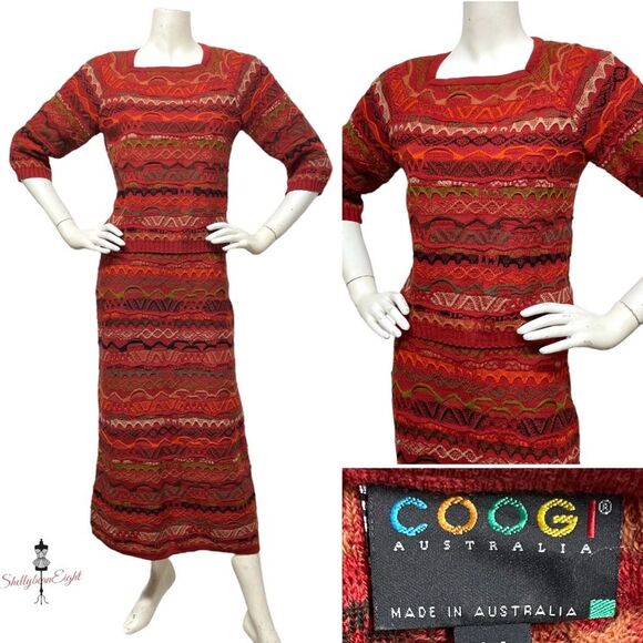 VINTAGE 90s COOGI 2pc Knit Sweater Set Top & Skirt S M Dress - Picture 1 of 16